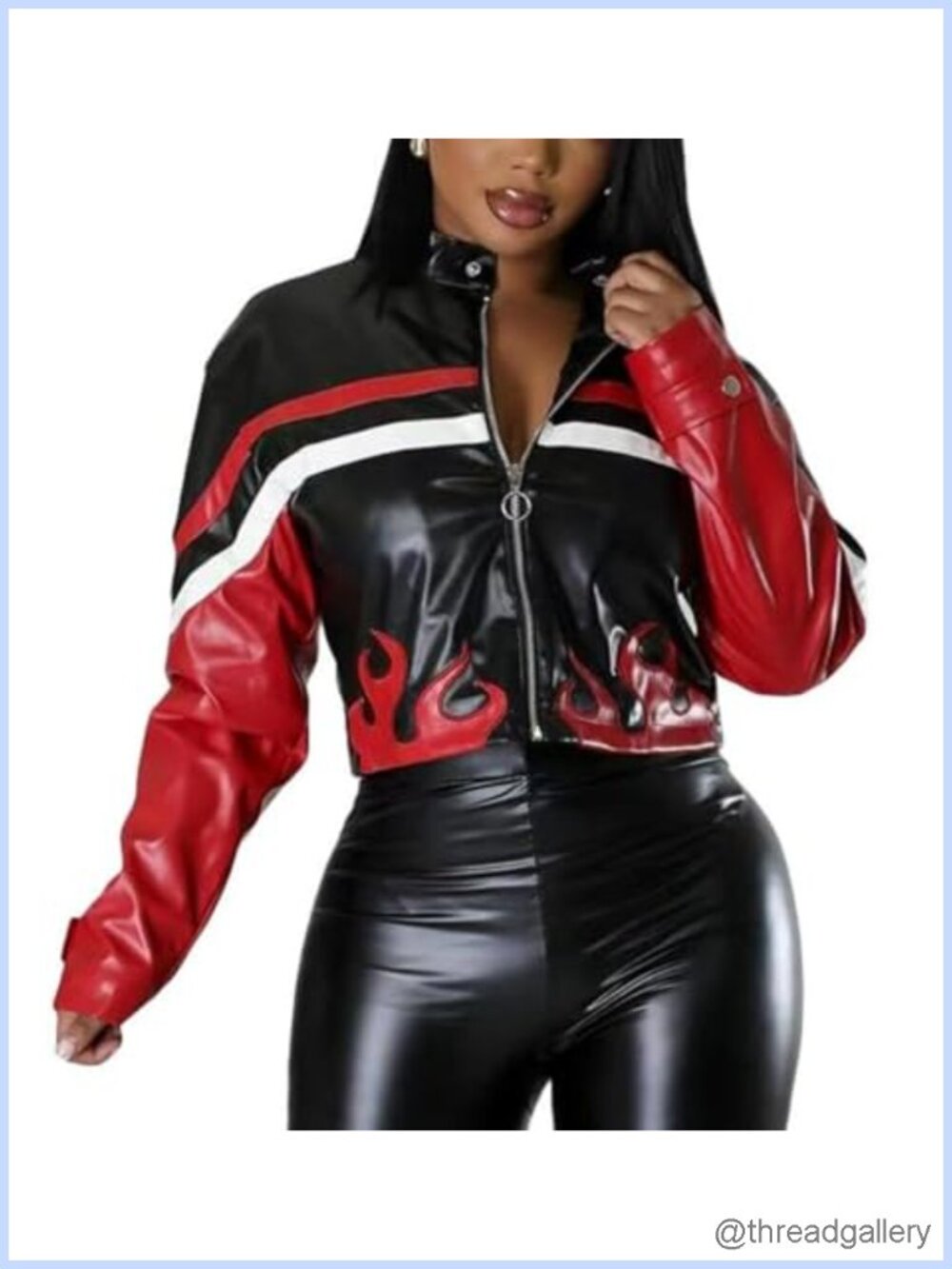 Women's Faux Leather Cropped Bomber Jacket Moto Zip Up Flame